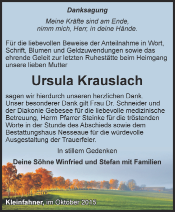 Traueranzeige von Ursula Krauslach von Thüringer Allgemeine, Thüringische Landeszeitung