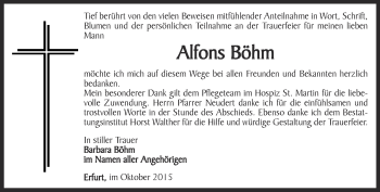 Traueranzeige von Alfons Böhm von Thüringer Allgemeine, Thüringische Landeszeitung