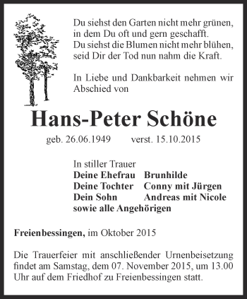 Traueranzeige von Hans-Peter Schöne von Thüringer Allgemeine, Thüringische Landeszeitung