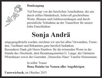 Traueranzeige von Sonja Andrä von Ostthüringer Zeitung