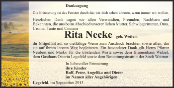 Traueranzeige von Rita Necke von Thüringer Allgemeine, Thüringische Landeszeitung