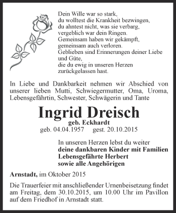 Traueranzeige von Ingrid Dreisch von Thüringer Allgemeine