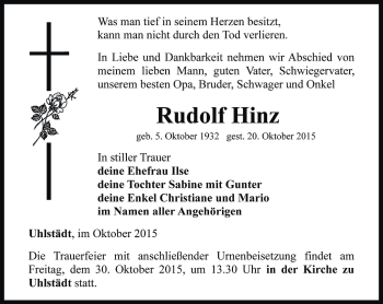 Traueranzeige von Rudolf Hinz von Ostthüringer Zeitung