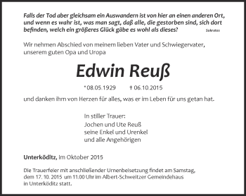 Traueranzeige von Edwin Reuß von Ostthüringer Zeitung