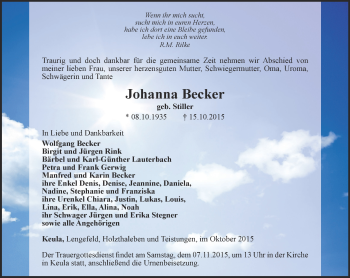 Traueranzeige von Johanna Becker von Thüringer Allgemeine