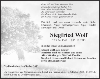 Traueranzeige von Siegfried Wolf von Ostthüringer Zeitung