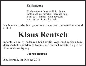 Traueranzeige von Klaus Rentsch von Ostthüringer Zeitung