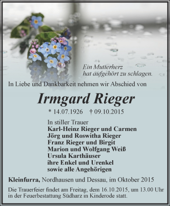 Traueranzeige von Irmgard Rieger von Thüringer Allgemeine