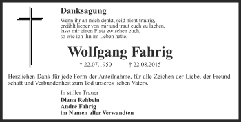 Traueranzeige von Wolfgang Fahrig von Thüringer Allgemeine
