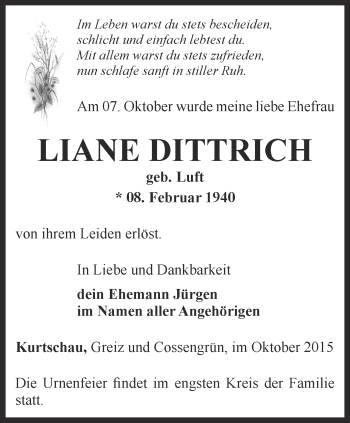 Traueranzeige von Liane Dittrich von Ostthüringer Zeitung