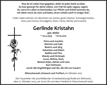 Traueranzeige von Gerlinde Kristahn von Thüringer Allgemeine, Thüringische Landeszeitung