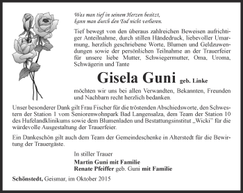 Traueranzeige von Gisela Guni von Thüringer Allgemeine, Thüringische Landeszeitung