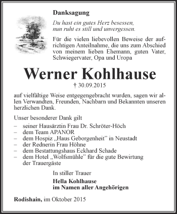 Traueranzeige von Werner Kohlhause von Thüringer Allgemeine