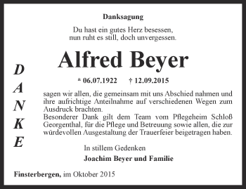 Traueranzeige von Alfred Beyer von Ostthüringer Zeitung, Thüringische Landeszeitung