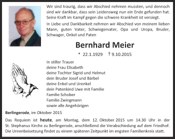 Traueranzeige von Bernhard Meier von Thüringer Allgemeine
