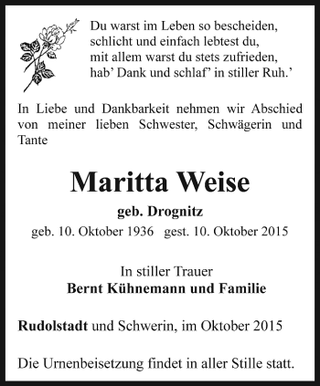 Traueranzeige von Maritta Weise von Ostthüringer Zeitung