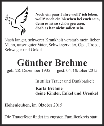 Traueranzeige von Günther Brehme von Ostthüringer Zeitung