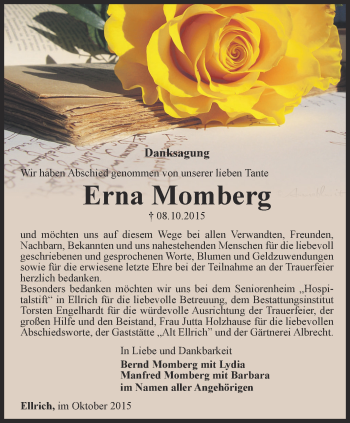 Traueranzeige von Erna Momberg von Thüringer Allgemeine