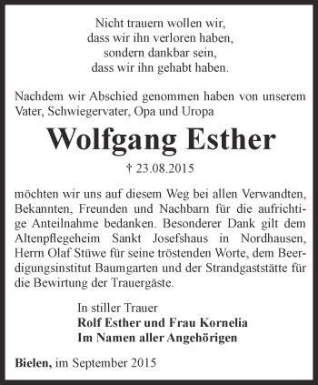 Traueranzeige von Wolfgang Esther von Thüringer Allgemeine