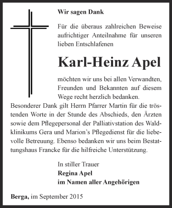 Traueranzeige von Karl-Heinz Apel von Ostthüringer Zeitung