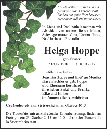 Traueranzeige von Helga Hoppe