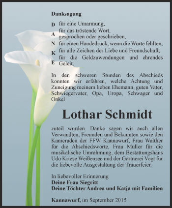 Traueranzeige von Lothar Schmidt von Thüringer Allgemeine