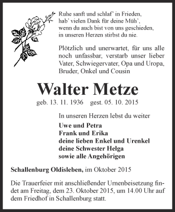 Traueranzeige von Walter Metze von Thüringer Allgemeine