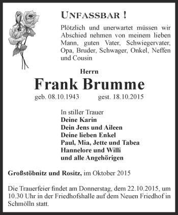 Traueranzeige von Frank Brumme von Ostthüringer Zeitung