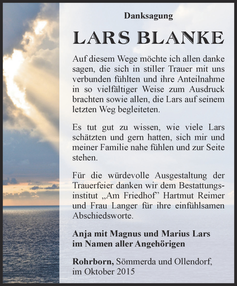  Traueranzeige für Lars Blanke vom 24.10.2015 aus Thüringer Allgemeine
