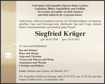 Traueranzeige von Siegfried Krüger von Ostthüringer Zeitung