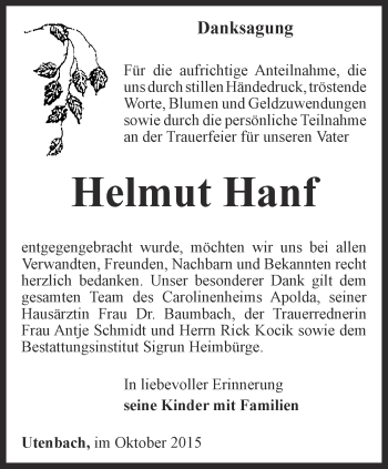 Traueranzeige von Helmut Hanf von Thüringer Allgemeine, Thüringische Landeszeitung