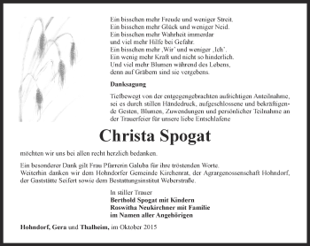 Traueranzeige von Christa Spogat von Ostthüringer Zeitung