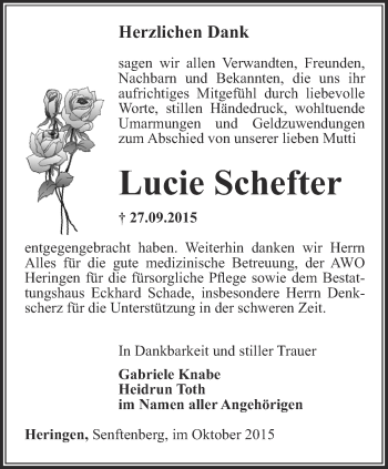 Traueranzeige von Lucie Schefter von Thüringer Allgemeine