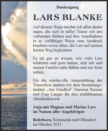 Traueranzeige von Lars Blanke von Thüringer Allgemeine