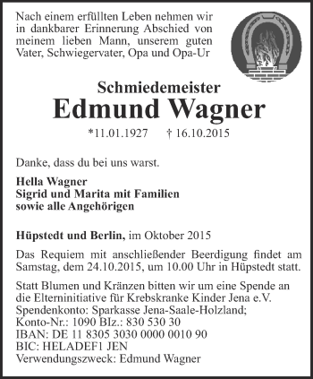 Traueranzeige von Edmund Wagner von Thüringer Allgemeine, Thüringische Landeszeitung