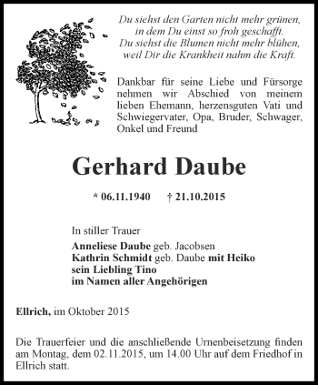 Traueranzeige von Gerhard Daube von Thüringer Allgemeine