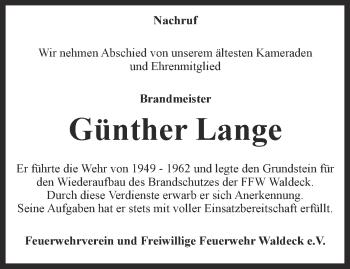 Traueranzeige von Günther Lange von Ostthüringer Zeitung