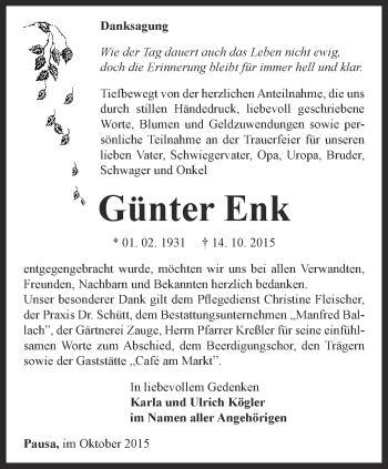 Traueranzeige von Günter Enk von Ostthüringer Zeitung