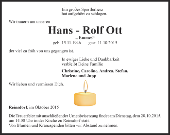 Traueranzeige von Hans-Rolf Ott von Ostthüringer Zeitung