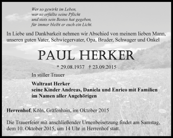 Traueranzeige von Paul Herker von Ostthüringer Zeitung, Thüringische Landeszeitung