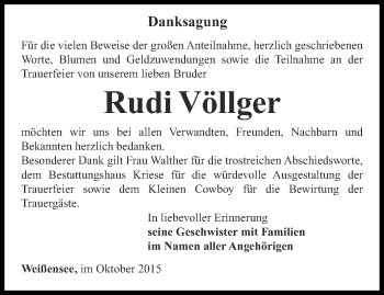 Traueranzeige von Rudi Völlger von Thüringer Allgemeine