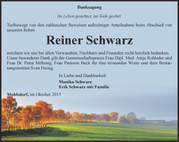 Traueranzeige von Reiner Schwarz von Ostthüringer Zeitung