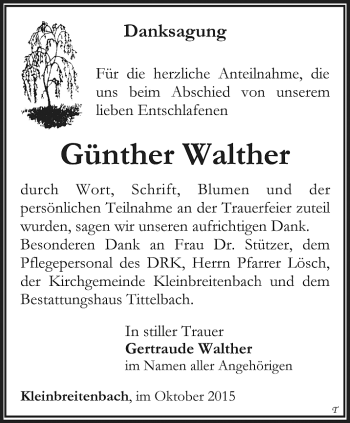 Traueranzeige von Günther Walther von Thüringer Allgemeine