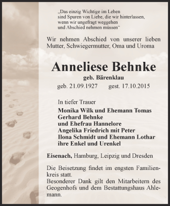 Traueranzeige von Anneliese Behnke von Thüringer Allgemeine, Thüringische Landeszeitung
