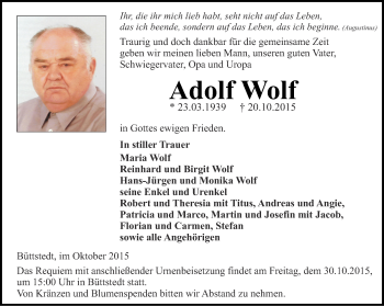 Traueranzeige von Adolf Wolf von Thüringer Allgemeine, Thüringische Landeszeitung