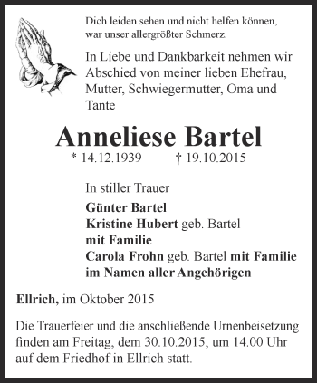 Traueranzeige von Anneliese Bartel von Thüringer Allgemeine