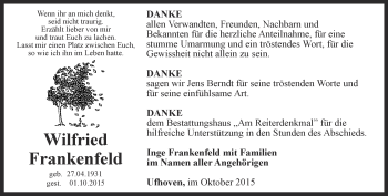 Traueranzeige von Wilfried Frankenfeld von Thüringer Allgemeine, Thüringische Landeszeitung