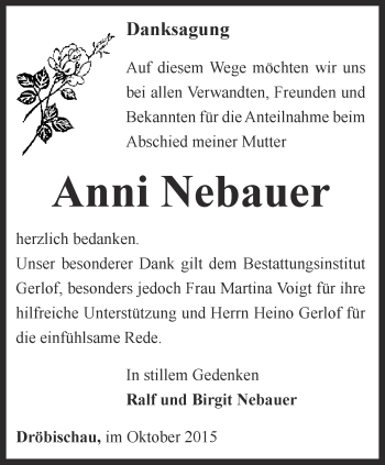 Traueranzeige von Anni Nebauer von Ostthüringer Zeitung