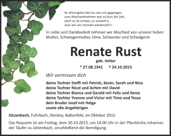 Traueranzeige von Renate Rust von Thüringer Allgemeine