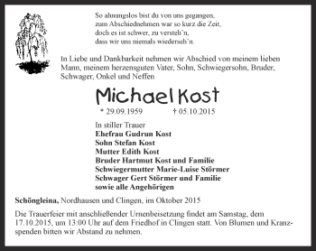 Traueranzeige von Michael Kost von Thüringer Allgemeine